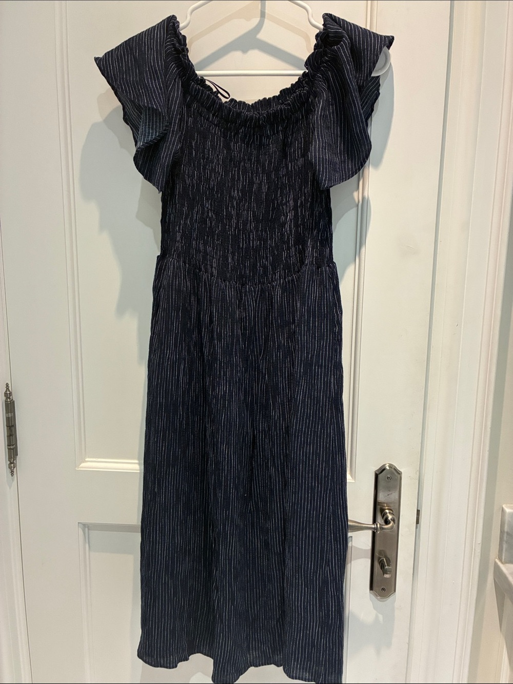 ZARA BASIC Navy Pinstripe Smocked Off-Shoulder Midi Dress Large 👵MT